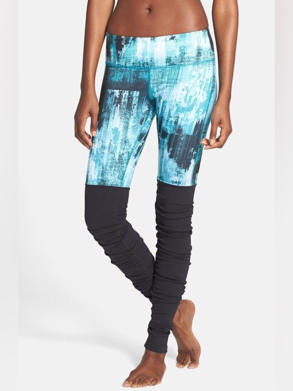 ALO Yoga Blue Teal Abstract Print Leggings with Black Ruched Lower Legs - Size S